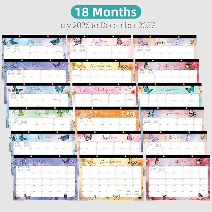 Tcamp Desk Calendar 2026-2027, Large Desktop/Wall Monthly Calendar (Jul. 2026 - Dec. 2027) 17'' x 12'' School Year Wall Desk Planner for Teacher Family School Office Supplies (Butterflies)