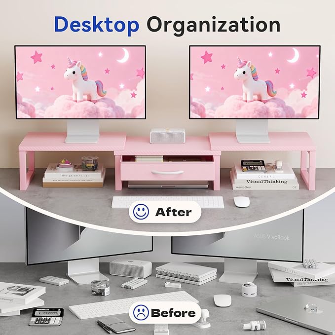 Desk Organizers and Accessories, Dual Monitor Stand Riser with Drawer, Computer Monitor Stand, Adjustable Desk Shelf for PC Laptop Printer TV, Pink