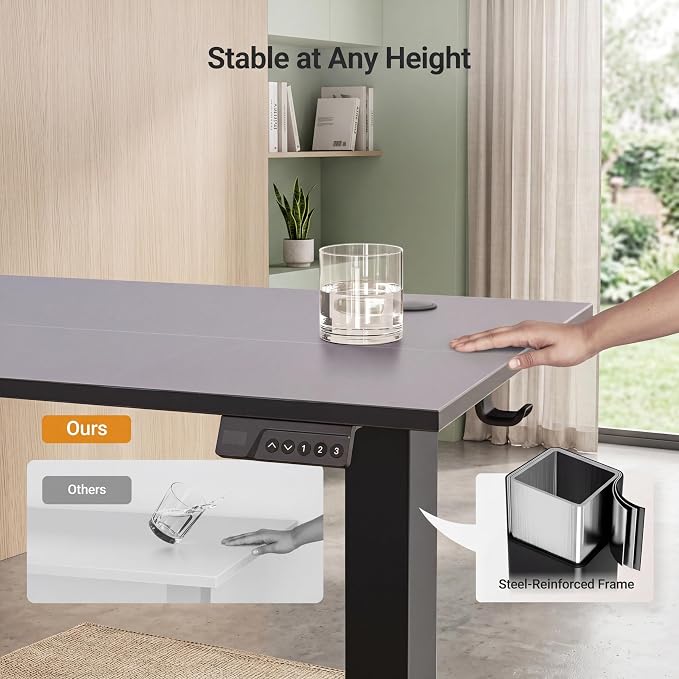 Claiks Electric Standing Desk, 55x24 Inch, Black | Adjustable height for sit-stand, 156lbs capacity, scratch-resistant surface, 3 memory presets, cable management & hook.