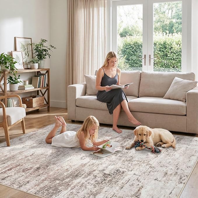 5x7 Area Rugs for Living Room: Abstract Washable Non Slip Bedroom Rug for Nursery Office - Modern Ultra Thin Stain Resistant Soft Low-Pile Throw Carpet for Boho Vintage Home Decor (5X7 Beige-Brick)