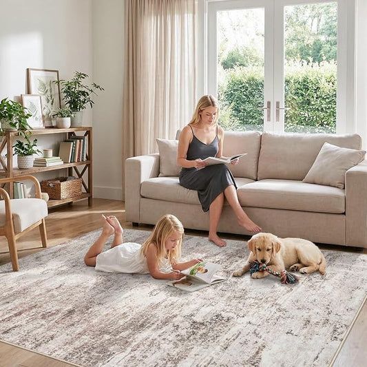 5x7 Area Rugs for Living Room: Abstract Washable Non Slip Bedroom Rug for Nursery Office - Modern Ultra Thin Stain Resistant Soft Low-Pile Throw Carpet for Boho Vintage Home Decor (5X7 Beige-Brick)