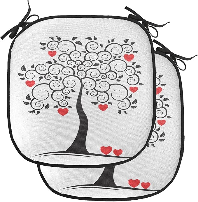 Lunarable Love Chair Cushion Pads Set of 2, Abstract Heart Tree Floral Leaves Spring Swirl Simplicity Creative Illustration, Anti-Slip Seat Padding for Kitchen & Patio, 16"x16", Black White Red