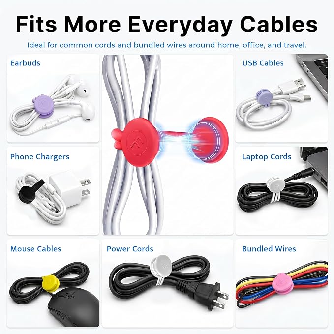 COOLMI Magnetic Cable Ties 12 Pack, 6.88 Inch Reusable Silicone Cord Organizer Wraps, Strong Magnet Cable Management Straps for Charging Cords, USB Cables, Earbuds, Desk, Travel, Assorted Colors