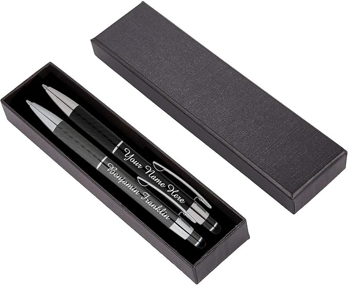 ExpressDesigns™ - Personalized Pens Gift Set - 2 Pack of Metal Pens w/gift box - Luxury Ballpoint Pen Custom Engraved with Name, Logo or Message for Executive, Business or Personal use (Black-Gray)