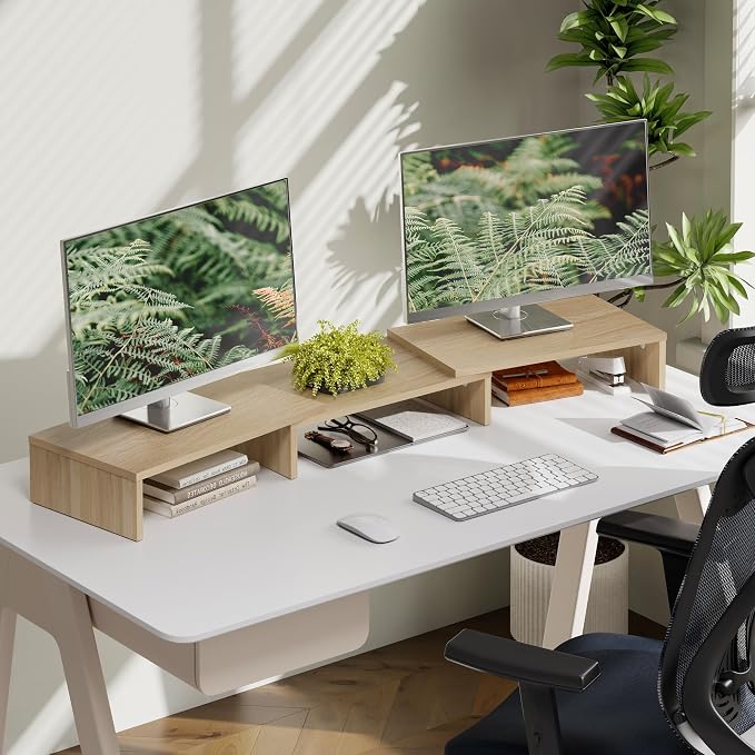 FITUEYES Dual Monitor Stand Riser, Adjustable Length and Angle, Oak | Wooden 3-Shelf Design, Supports up to 55lbs, Flexible for Standard Corner Space, Holds Monitor, Laptop, Phone, Printer