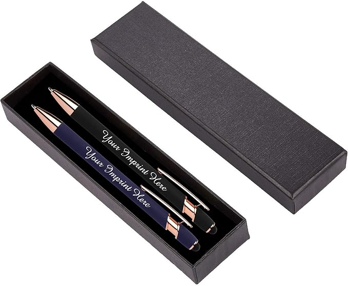 ExpressDesigns™ - Personalized Pens Gift Set - 2 Pack of Rose Gold Soft Touch Metal Pens w/gift box - Luxury Ballpoint Pen Custom Engraved with Name | Perfect for Him or Her (Blue - Black)