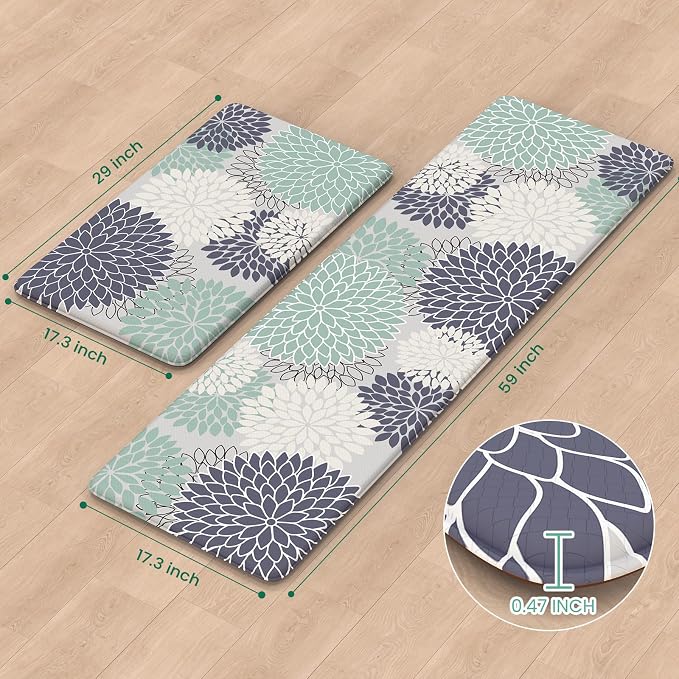 KIMODE Anti Fatigue Kitchen Mats for Floor Cushioned Kitchen Rugs Sets of 2 | 17"x59"+17"x29",Floral,Cyan,Non-slip,Waterproof,Kitchen Runner Rug,Comfort Foam Paded Mat for Floors Office Laundry Sink