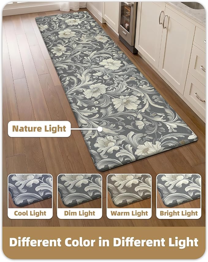 Color&Geometry Floral Kitchen Floor Mat 24x87 Anti Fatigue Easy Clean,Grey | 0.4in Thick Cushioned Standing Mat For Cooking/Working/Laundry, Flower Home Decor, Non Slip PVC Kitchen Rug, Oil/Water Proof