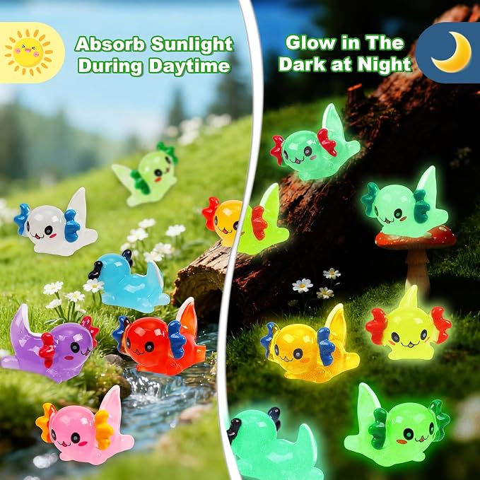 64PCS Luminous Mini Resin Axolotl 8 Colors Glow in The Dark Small Little Resin Axolot to Hide Bulk Miniature Plastic Animal Figures for Micro Landscape Dollhouse Fairy Garden Aquarium Potted DIY Decor
