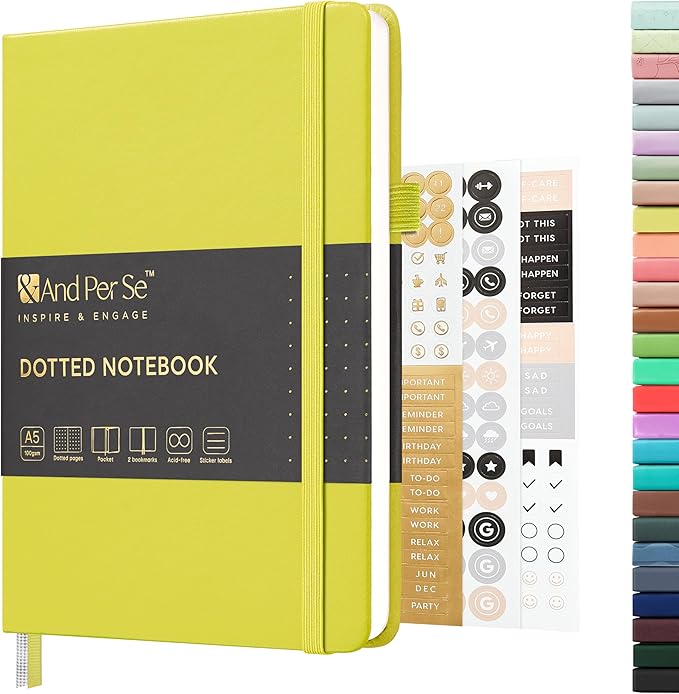 &And Per Se Dotted Journal Notebook, A5 Hardcover Leather Dotted Journal, 160 Pages 100gsm Thick Dot Grid Paper, 3 Sheets of Stickers Included - 5.7'' x 8'' (Emerald)