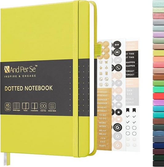 &And Per Se Dotted Journal Notebook, A5 Hardcover Leather Dotted Journal, 160 Pages 100gsm Thick Dot Grid Paper, 3 Sheets of Stickers Included - 5.7'' x 8'' (Emerald)