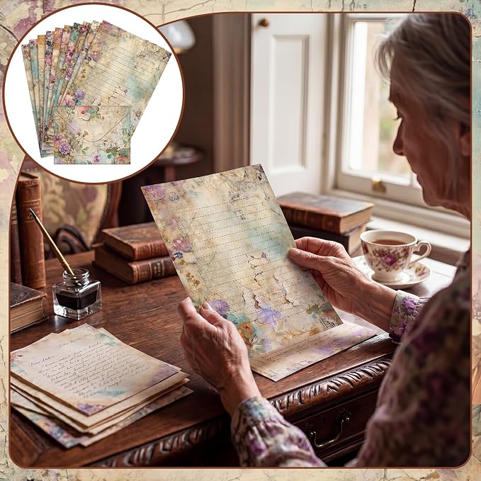 TaoBary 160 Pcs Stationery Paper Kit 50 Double Sided Stationery Papers with 50 Matching Envelopes and 60 Round Dot Sticker, 10 Design (vintage Floral, 8.25 x 5.5 Inch)