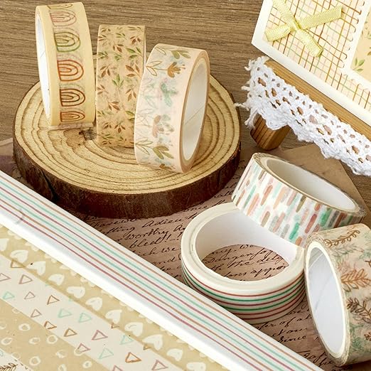 Boho Washi Tape Set 10 Rolls Cute Masking Graphic Floral Pattern Decorative Tapes for Arts, DIY Crafts, Journals, Planners, Scrapbook, Wrapping (Colors)