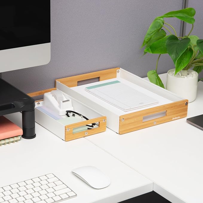 Mind Reader Metal and Wood Tiered Desktop Organizer Trays with Cutout Handles, Stackable Office Storage, Office, Entryway, Coffee Station and Home Organization, Metal and Wood, Set of 2, White