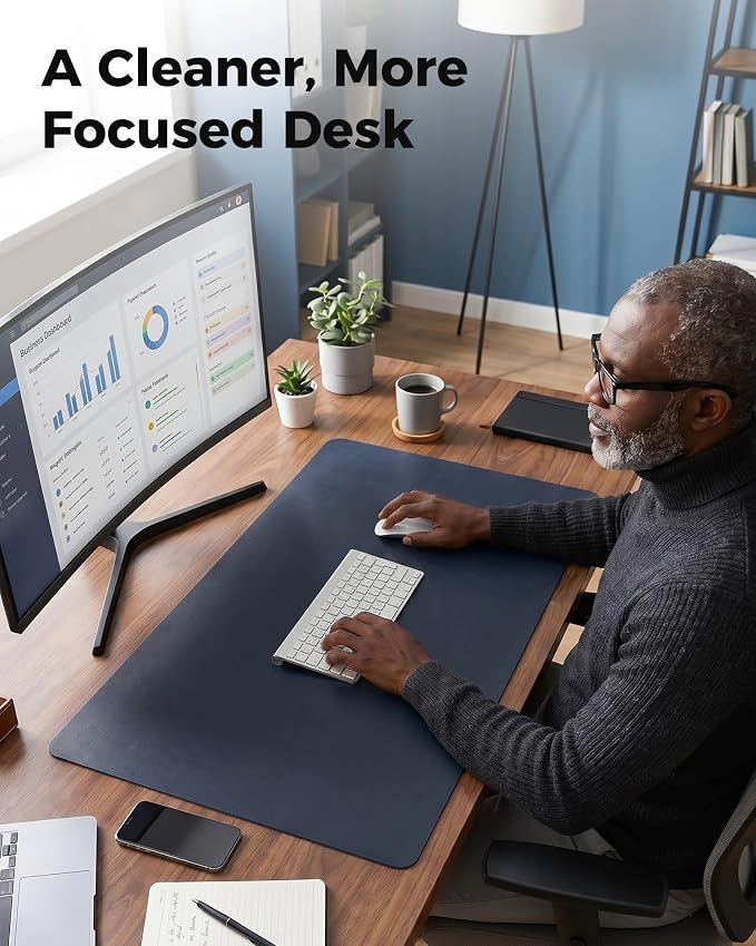 Aothia Dual-Sided Desk Mat, FSC Cork & PU Leather Desk Pad, Large Mouse Pad & Writing Surface for Full Desk Coverage, Non-Slip Waterproof Desk Protector - 47" x 23.6", Dark Blue