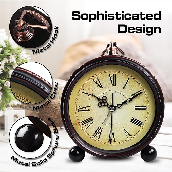 Vintage Analog Alarm Clock Classic2046, 5.25inch | Small Silent Desk Clock, Night Light, Battery Operated, For Table, Bedroom, Bedside, Living Room