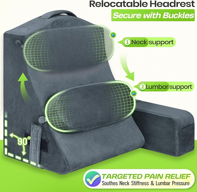 19 INCH Reading Pillow for Adults, Back Pillow for Bed Sitting Up, Backrest Pillow for Sitting in Bed, Detachable Arms with Built-in Cup & Phone Caddy (Dark Gray, 19 INCH)