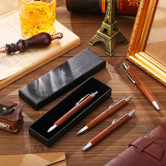 Sayglossy 4 Pcs Best Pastor Appreciation Gifts for Men Christian Leather Pen Sets Best Ever Gift for Pastor Day Birthday Christmas Pens Appreciation Gifts for Church