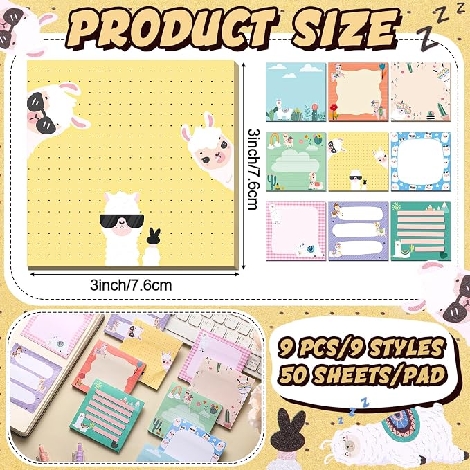 9 Pads Cute Sticky Notes Cartoon Self Stick Notepads 3x3 Inches Notes Adhesive Memo Pad Office Decor Gifts for Students School Teacher Office Meeting(Alpaca)