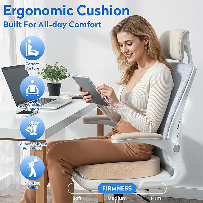 CushZone Seat Cushion, Office Chair Cushions, Car Seat Cushion, Non-Slip Sciatica & Back Coccyx Tailbone Pain Relief Chair Pad, Memory Foam (Large,Khaki)