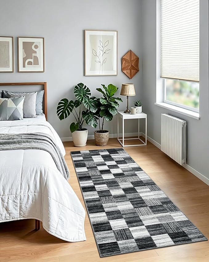 Terrug Black and White Runner Rugs for Kitchen, 2x6 Checkered Area Rug Washable with Non Slip for Bedroom, Soft Low Pile Stain Resistance Carpet for Entryway Hallway