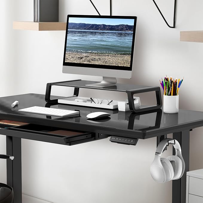 SHW 48-Inch Glass Electric Height Adjustable Standing Desk, Black | w/ Monitor Riser | Memory Presets and Cable Management | Drawer with Built-in Compartments | Hanging Hooks