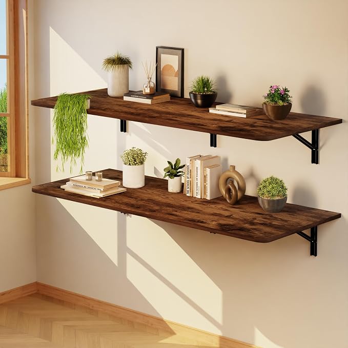IAE Wall Mounted Floating Foldable Desk, 55" x 22" Folding Computer Workstation Table with Engineered Wood and Metal Shelf Brackets,Fold&Floating Design for Home Office, Apartment,Laundry Room,Rustic