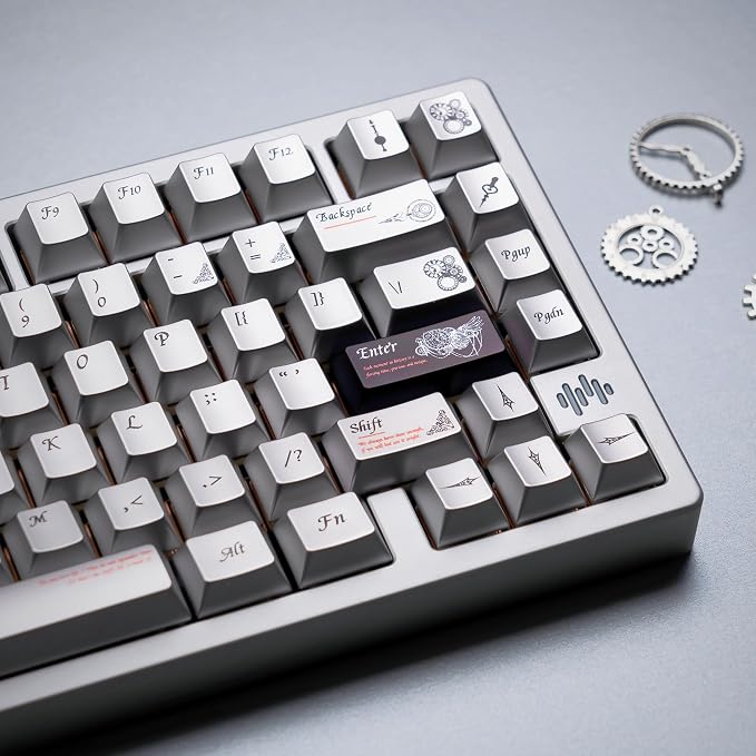 womier Metal Paint Textured Mechanical Keyboard Keycaps, Retro Dye Sub & Double Shot PBT Keycaps 60 75 100 Percent, Cherry Profile Custom Aluminum Keyboard Keys Caps Set 112 Keys, Space Gray
