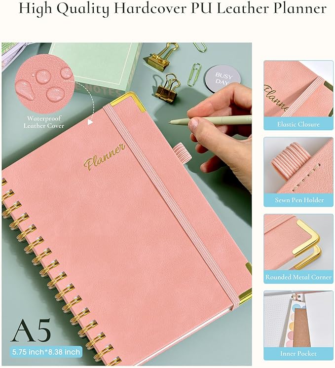 Undated Weekly Planner, Hardcover Leather Weekly & Monthly Calendar Blank Planner, To Do List Notebook with Goal & Habit Tracker Organizer, A5 Daily Planner with Spiral Binding, Ideal for Work School Home, Pink