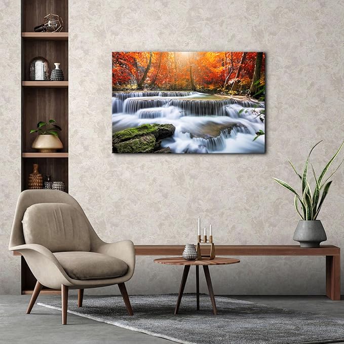 Nature Sunset Landscape Large Wall Art Living Room National Park Forest Picture Wall Decor Waterfall Scene Poster Prints Retro Maple Trees Photography Artwork for Living Room Kitchen Decoration 32x48