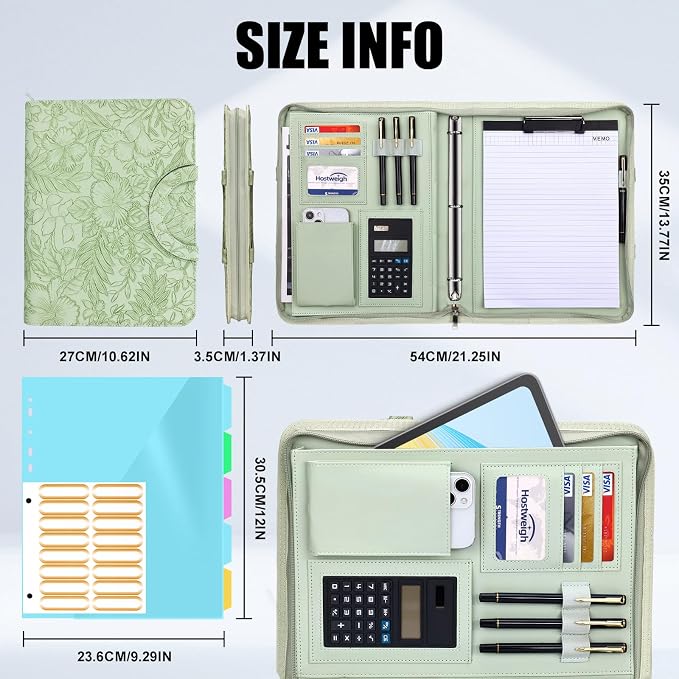 Portfolio Binder - 3 Ring Binder with Magnetic Handle, Vegan Leather Business Padfolio Folder with Notepad, Includes 5 Dividers with 10 Pockets for Documents Files