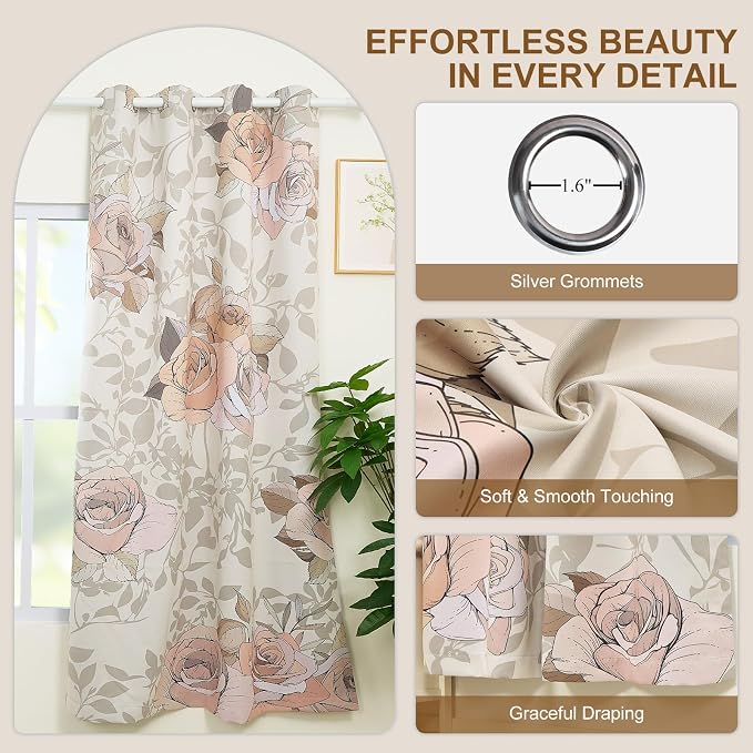 Floral Blackout Curtains for Bedroom and Living Room, Beige Roses Room Darkening Black Out Curtains 84 Inch Long 2 Panels Set, Farmhouse Light Filtering Soundproof Thermal Curtains with Rope Tiebacks
