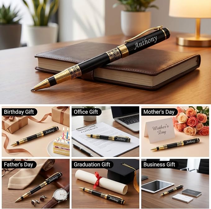 Ancolo Engraved Pens Luxury Business Pen with 10 Black Refills Quality Pens Metal Body - Custom with Names Message - Gift Pen Set for Family Colleague Elder Friends