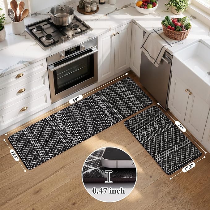 KIMODE Kitchen Mats Cushioned Anti Fatigue, Black Farmhouse Kitchen Rugs Sets of 2, Padded Kitchen Floor Mats, Non Slip Standing Mats for Sink Laundry Office Desk 17"x59"+17"x29"