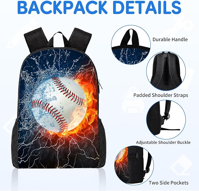 3PCS Baseball Backpacks for Boys Girls Teens, School Backpack with Lunch Box Pencil Case for Elementary Middle High Students, 17 Inch Lightweight Bookpack 3 in 1 Set Back to Shool Supplies for Kids
