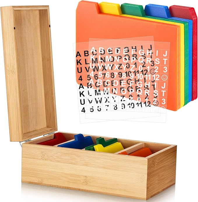3 x 5 Inch Index Card Holder Set, Bamboo Organizer Box with 50 Dividers & 2 Sheets Alphabet Number Stickers File Note Holders, Holds 1200 Cards for Office Business Home Kitchen, Wooden Color