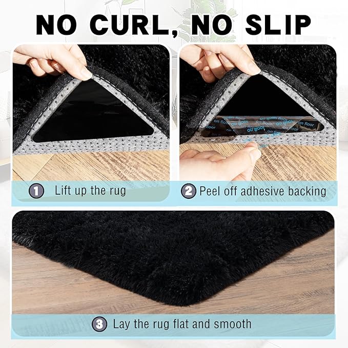 Black Area Rug for Bedroom, 4x6 Rugs for Living Room Nursery Kids Room Dorm Home Decor Aesthetic, Fluffy Shaggy Rug with 4 Anti-Slip Carpet Tapes