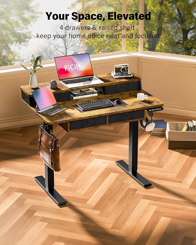 FiCiHi 40x24 Inch Electric Standing Desk, 4 Drawers, Adjustable Height Desk | Small Sit Stand Computer Desks, C-Clamp Compatible Home Office Desk with Monitor Stand, Cable Management, 3 Preset Heights