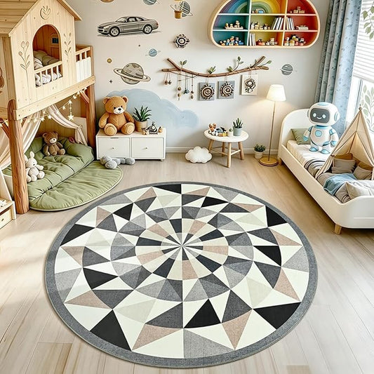 Terrug Grey and Beige Geometric Round Rug 5ft for Dinner Room, Soft Non-Slip Washable Circle Play Mat for Bedroom Playroom, Neutral Tone Area Rugs for Home Office