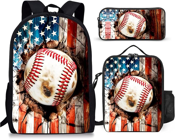 3PCS Baseball Print Backpack for Boys Girls Teens, School Backpack with Lunch Box Pencil Case for Elementary Middle High Students, 17 Inch Lightweight Bookpack 3 in 1 Set Back to Shool Gifts for Kids