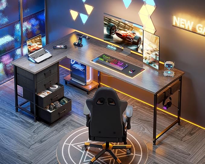 AODK 61" L Shaped Gaming Desk with 4 Drawers and Power Outlets, Grey | USB Ports, PC Tower Stand, Hooks, Reversible Corner Layout for Gaming Rooms, Bedrooms and Home Office