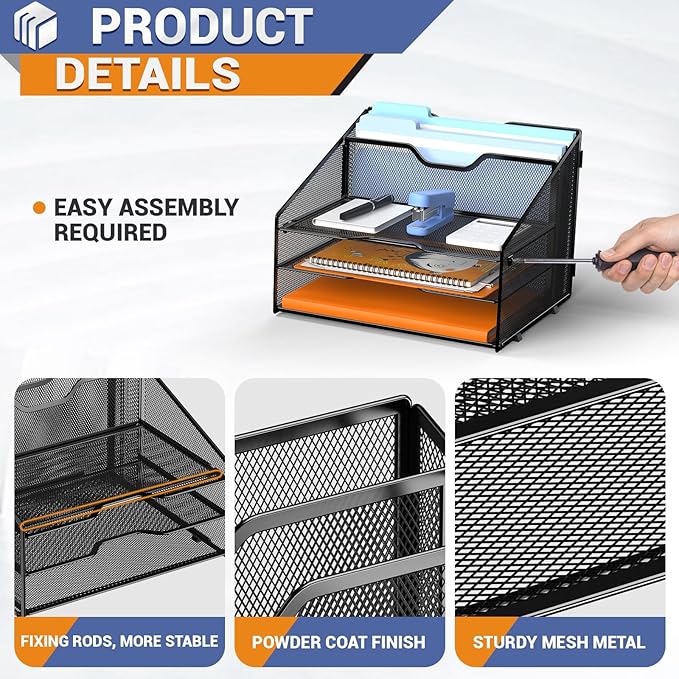 Letter Tray Organizer, Mesh Desk File Organizer with 3 Paper Trays and 2 Vertical Upright Section (Purple)