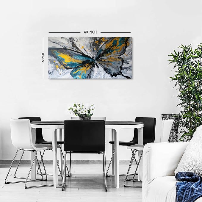 Abstract Butterfly Wall Art Teal Grey Yellow Butterfly Wall Decor Modern Marble Textured Canvas Poster Luxury Fluid Pictures Watercolor Neutral Artwork for Living Room Bedroom Home Decoration 20x40"