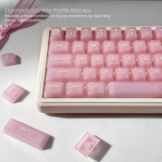 Womier Jelly Keycaps Pink, Clear Shine Through Keycaps, Transparent Custom Cherry Profile Keyboard Key Cap 115 Keys 60 65 75 100 Percent for Gateron Mechanical Keyboards(Pink)