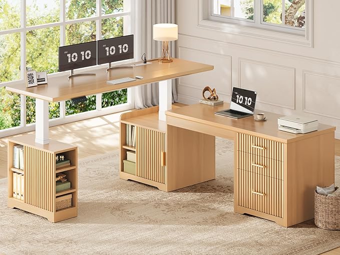 SEDETA Fluted L Shaped Electric Standing Desk, 63" x 67" Height Adjustable Home Office Executive Desk with Drawers and Shelves, Two Person Desk with Power Outlet for Home Office, Oak