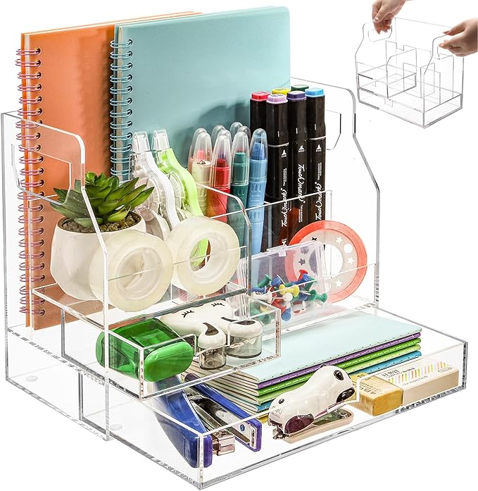 Acrylic Desk Organizer with 2 Drawers, Clear Office Drawer Organizer with Handle, Pencil Pen Holder Storage Desktop Accessories 7 Compartments for Home Makeup Magazine File Art Supply