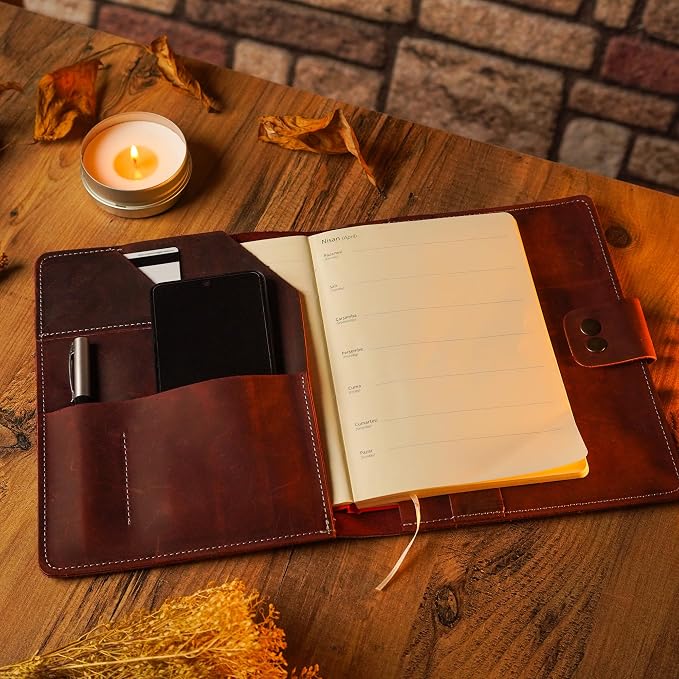 COZY LEATHER Custom Leather Portfolio, Leather Padfolio, Portfolio Folder, A5 Padfolio for Women, Notebook Cover, Gift 8.5"x7" (Brown)
