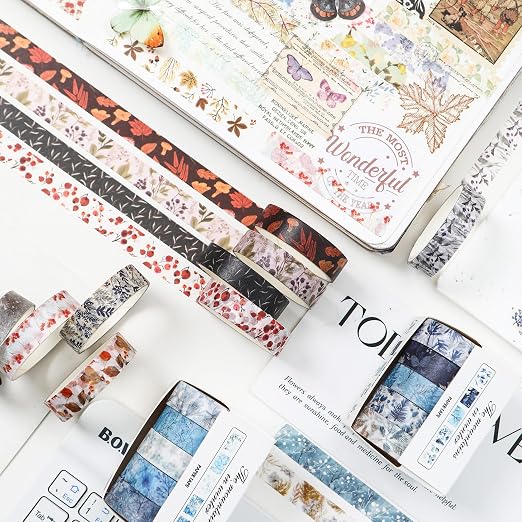Flowers Washi Tape Set 60 Rolls Leaves Patterns Decorative Skinny Snow Masking Tapes for Arts, DIY Crafts, Journals, Planners, Scrapbook, Wrapping (Winter)