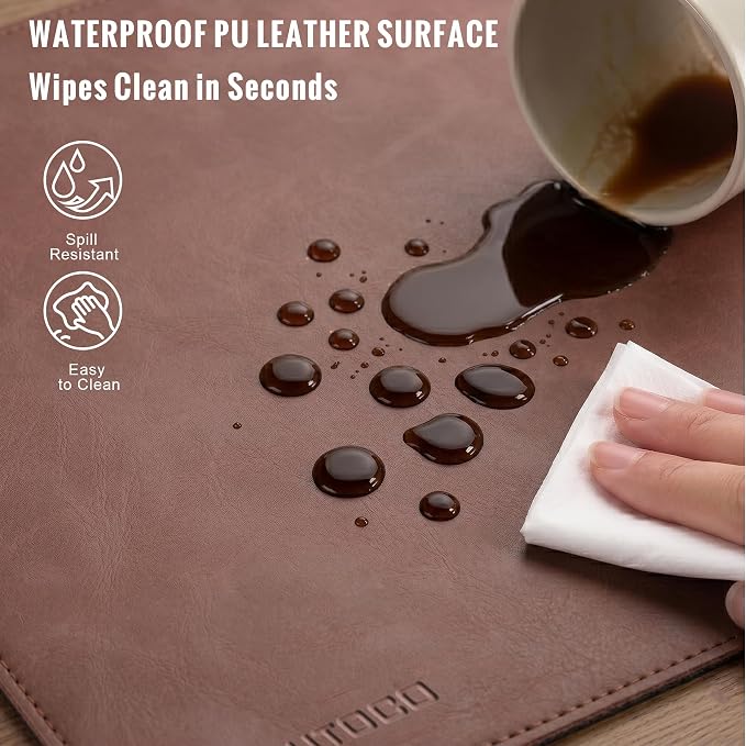 HAUTOCO Cork Desk Mat 31.5"x15.7", Distressed PU Leather & Cloth Desk Pad | Waterproof, Non-Slip, Stitched Edges, Brown Large Gaming Mouse Pad, Laptop Blotter & Desk Protector for Office and Home