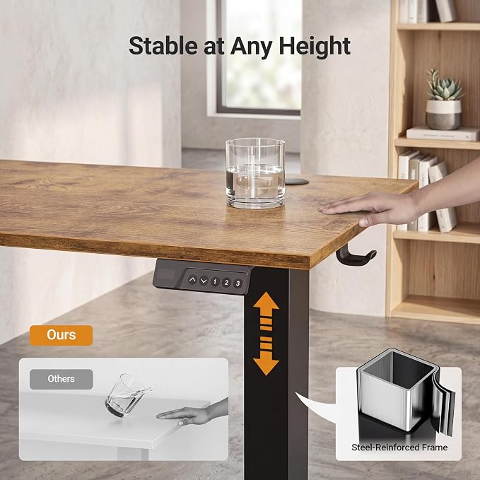 Claiks Electric Standing Desk 55x24 Inch Adjustable Desk, Rustic Brown | 156lbs weight capacity, 3 memory presets, industrial steel frame, cable management hub, adjustable height , easy assembly